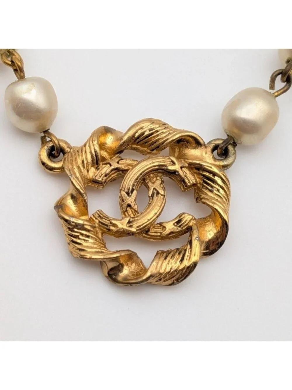 Chanel Gold Faux Pearl CC Logo Necklace Twist First Era Vintage